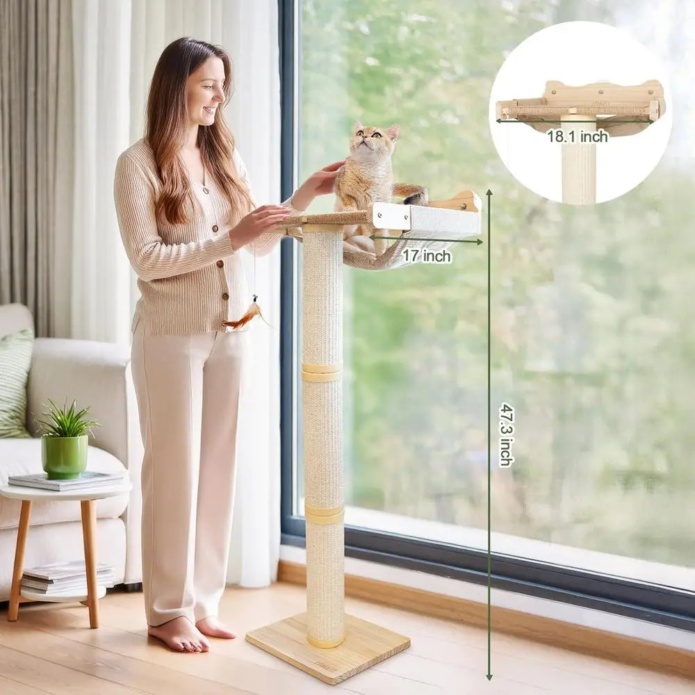 Enhanced Cat Window Scratching Tower, 47.3 Adjustable Post with Suction Cup, Multi-Level Perch for Play, Bird Watching, Supports
