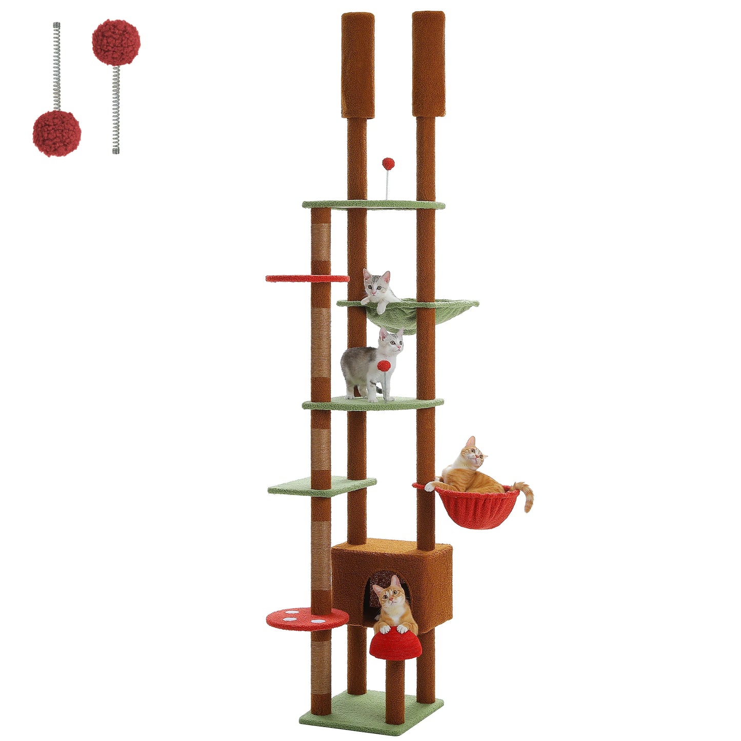 Cat Tree Floor to Ceiling Cat Tower Adjustable Height with Cat Condo Cozy Hammock and Scratching Post Tall Activity Tree Borwn