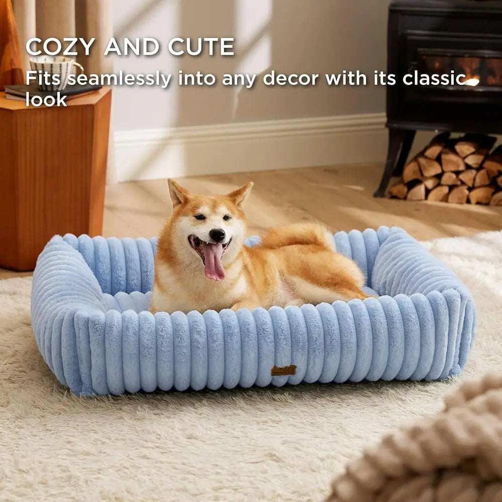 Large Dog Orthopedic Bed - Removable Cover, Rectangle Corduroy Fleece, 36x27x8in Blue