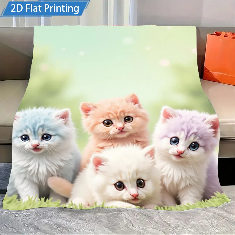 1pc Flannel Blanket Cute Kitten Print Fleece Blanket Soft Cozy Throw for Kids and Cat Lovers Home Decor 2D Flat Printing