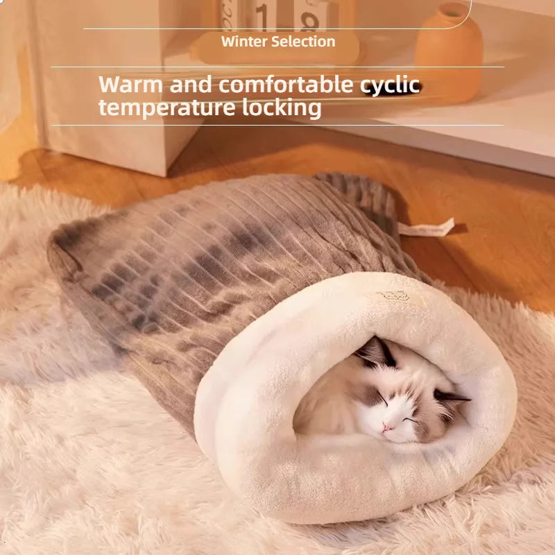 Winter Warm Enclosed Cat Sleeping Bag - Semi-Enclosed Cave Design for Kittens/Cats, Cozy Fleece Lined Pet Bed for Cold Weather,
