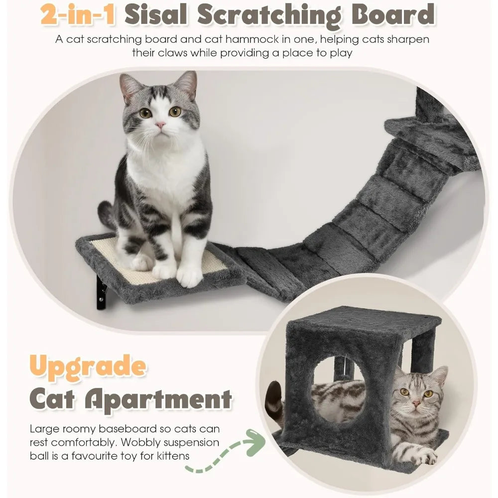 7-in-1 Wall Mounted Cat Climber Set, Cat Furniture Set with House, Bridge, Tree, Steps, Scratcher, DIY Playground, Shelves for
