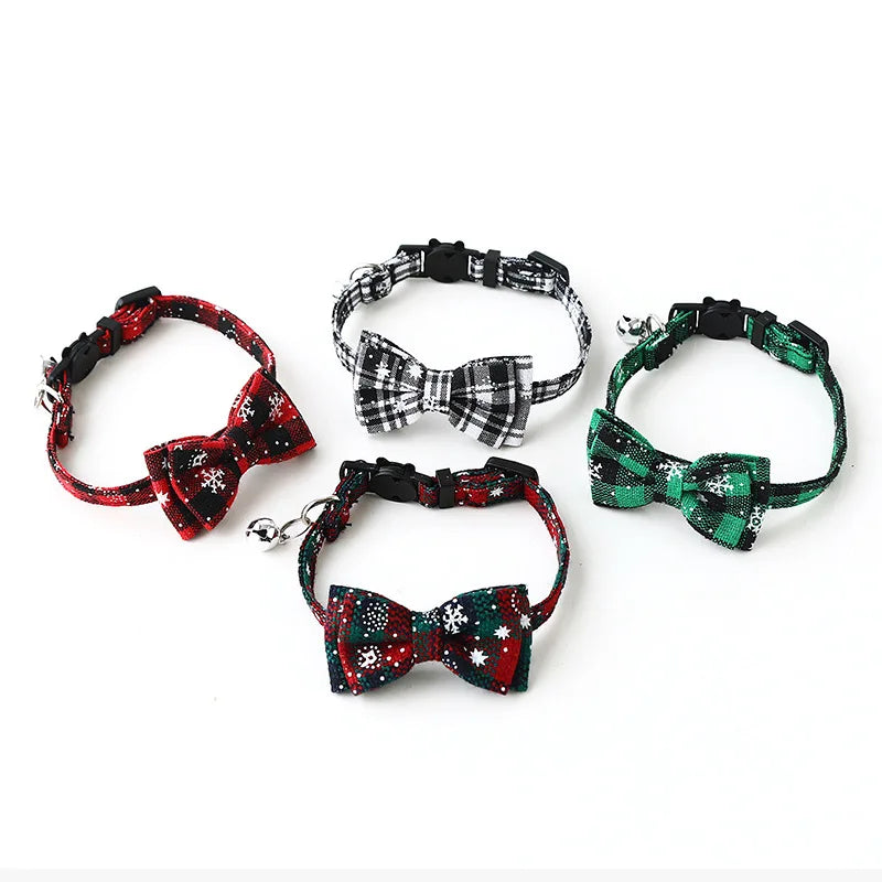 Christmas Bowknot Cat Small Dog Collar with Bell Plaid Snowflake Adjustable Breakaway Pet Puppy Kitten Buckle Necklace