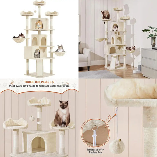 Large Multi-Level Cat Tower for Big Cats, 76.5 High with 3 Condos, Perches, 9 Scratching Posts, and 2 Balls for Climbing and Pla