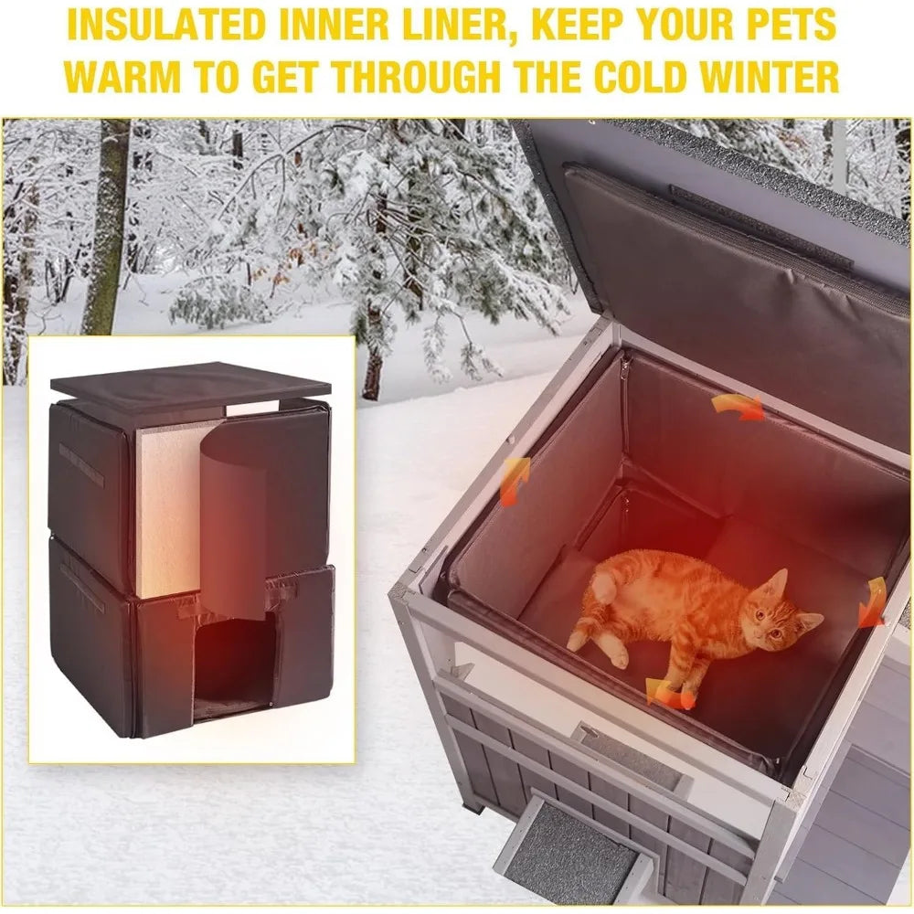 Two-Story Weatherproof Feral Cat Shelter - Wooden Cat Condos with Outdoor Heated Enclosure for Winter Protection
