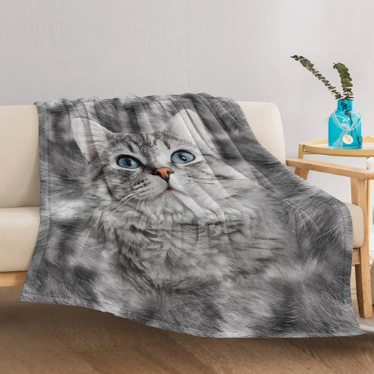 1pc Cat Print Flannel Blanket - Soft Warm All-Season Throw with Realistic Gray Tabby Cat Design, & Machine Washable