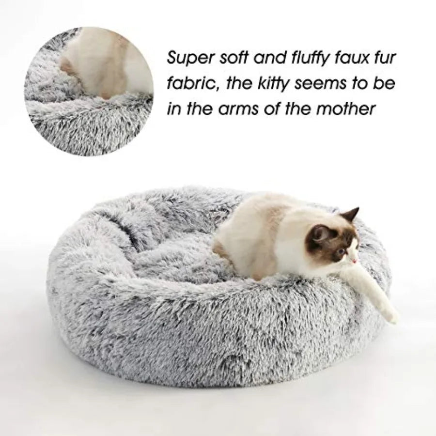Calming Soft Round Dog Cat Bed AntiAnxiety Donut Cuddler Warming Cozy Fluffy Faux Fur Plush Cushion Bed for Small Medium Dogs a