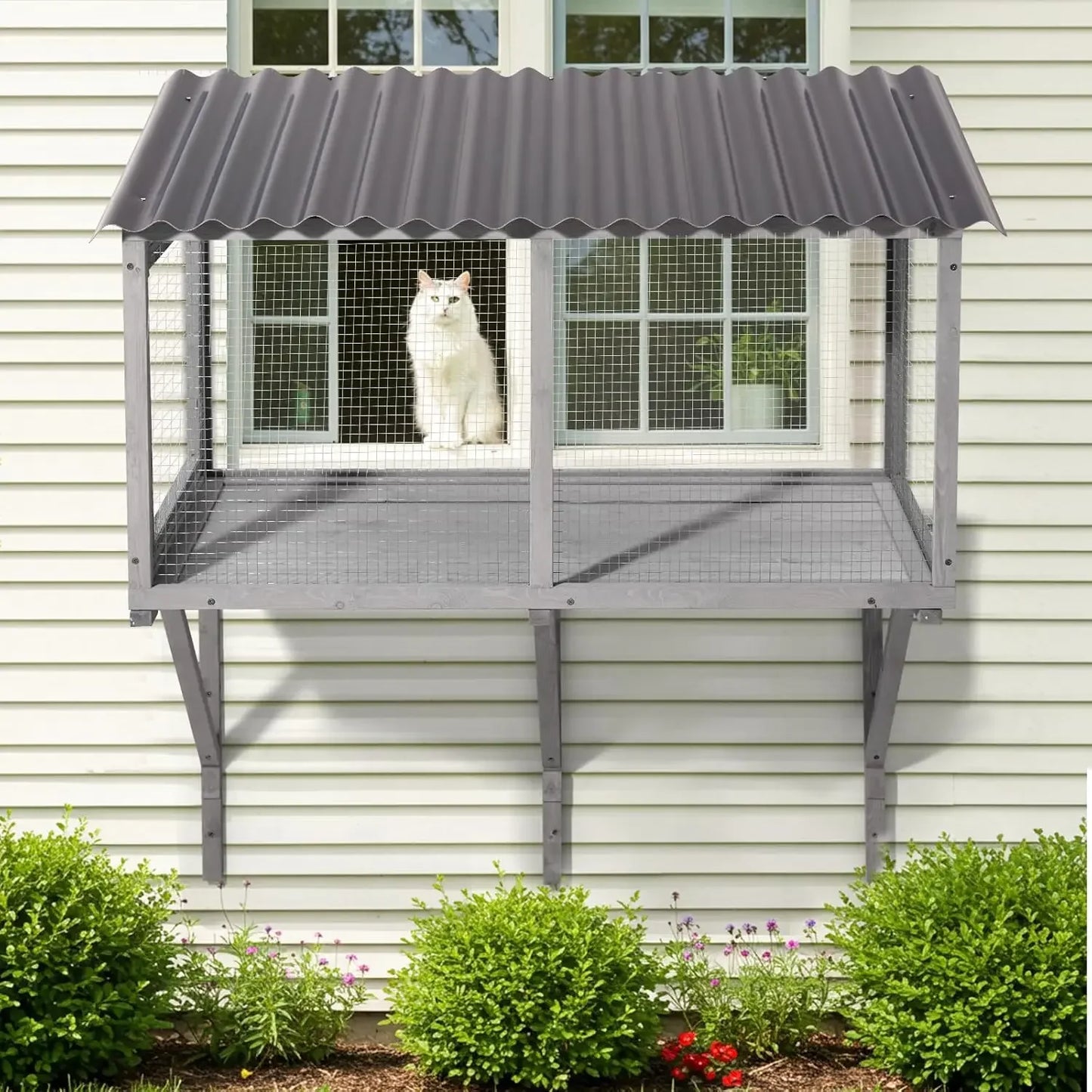 Cat Catio, Wall-Mounted Window Enclosure for Indoor Cats, Expandable Wooden Small Pet Perch House, Secure and Cozy Outdo