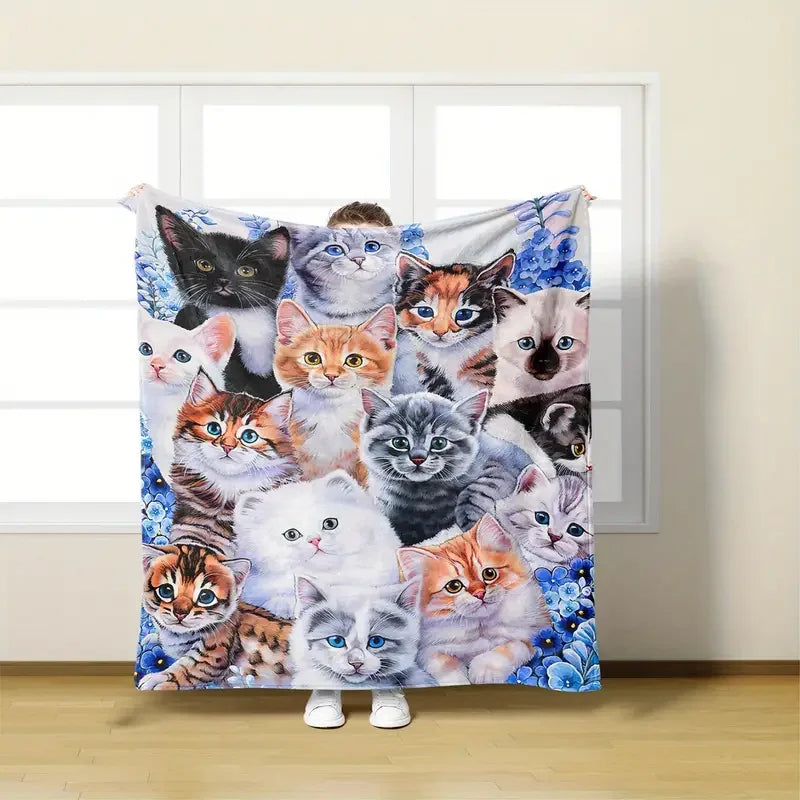 Cute cat print blanket, flannel blanket, soft and warm blanket nap blanket for sofa couch, office bed, office, camping, travel
