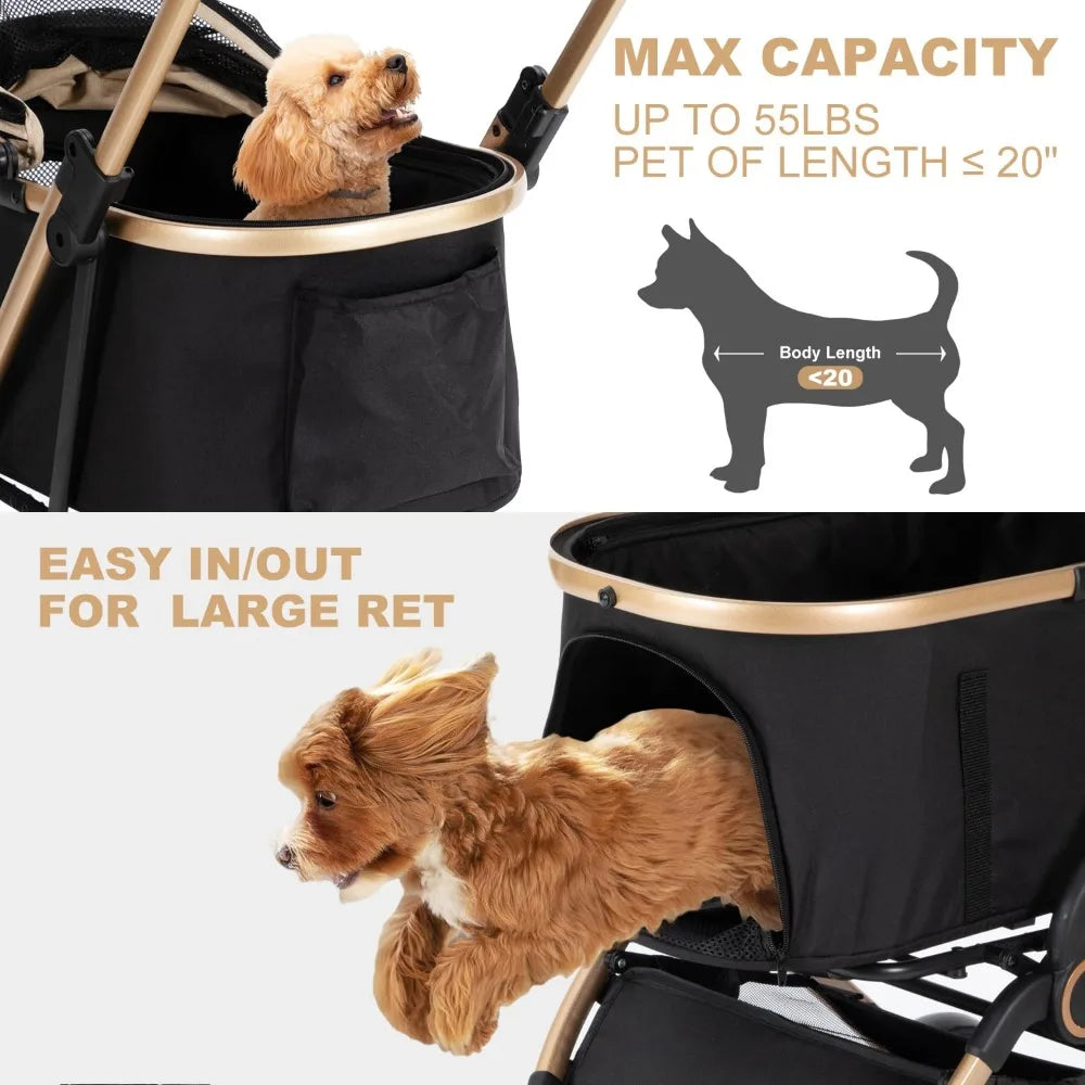 Pet Stroller with 4 Wheels, Foldable Pet Travel Carrier for Small/Medium Dogs Cats up to 50lbs, Detachable Portable Pet Bag