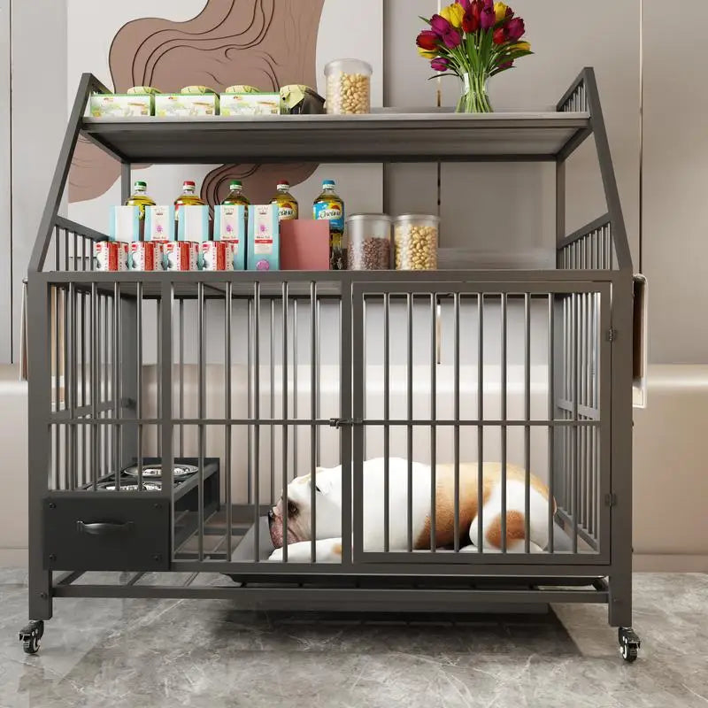 Large Pet Cage with Storage Rack and Drawers, Stainless Steel Food and Water Bowls, Double-Layer Iron Frame and MDF Storage,