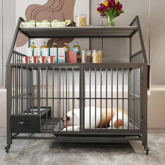 Large Pet Cage with Storage Rack and Drawers, Stainless Steel Food and Water Bowls, Double-Layer Iron Frame and MDF Storage,