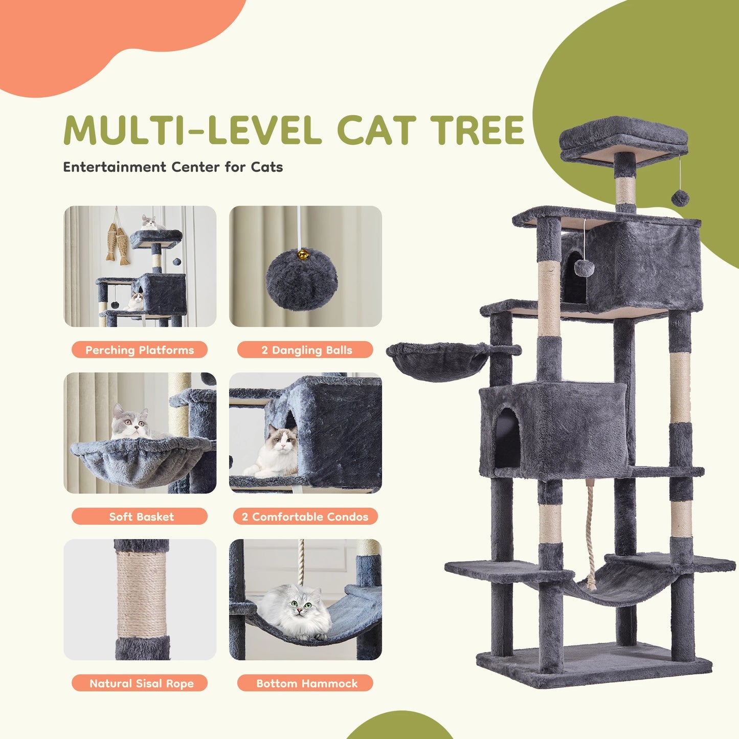 66 inch Cat Tree Tower Large Multi Level Cat Climbing Tower with Condo Natural Sisal Scratching Posts Pet House for Indoor