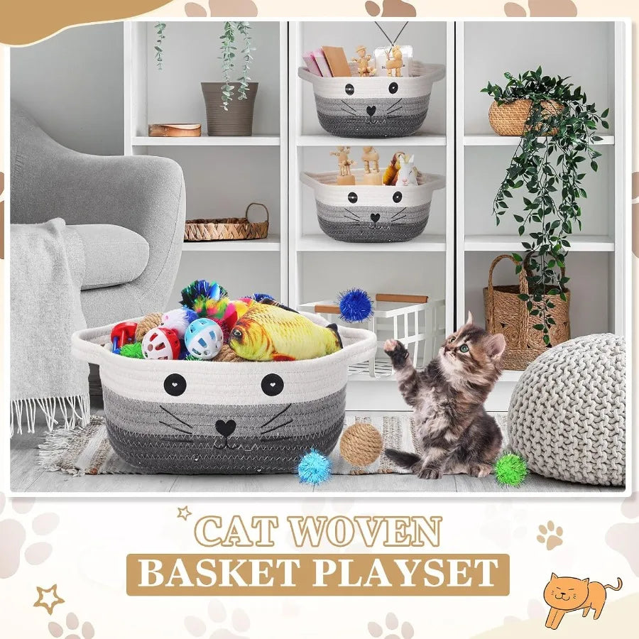 58 Pcs Cat Storage Basket Gift Toys Set Colorful Flashing Balls Pet Bell Crinkle Balls Spring Toys Attract Cat to Swat Bite Hun