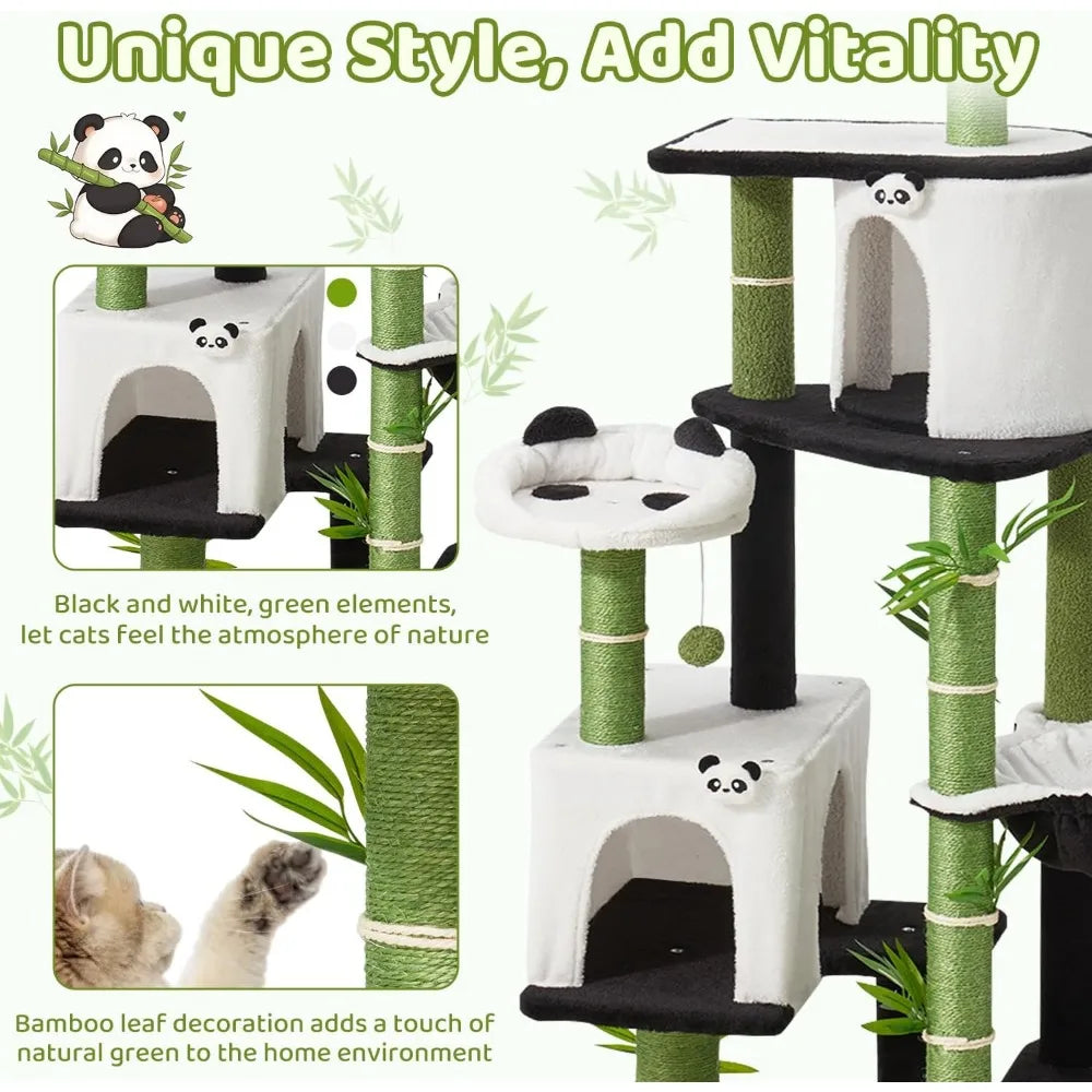 Indoor Cat Tower 71.3 Inches High with Panda Design, Spacious Kitty Condo and Sisal Scratching Posts for Cats