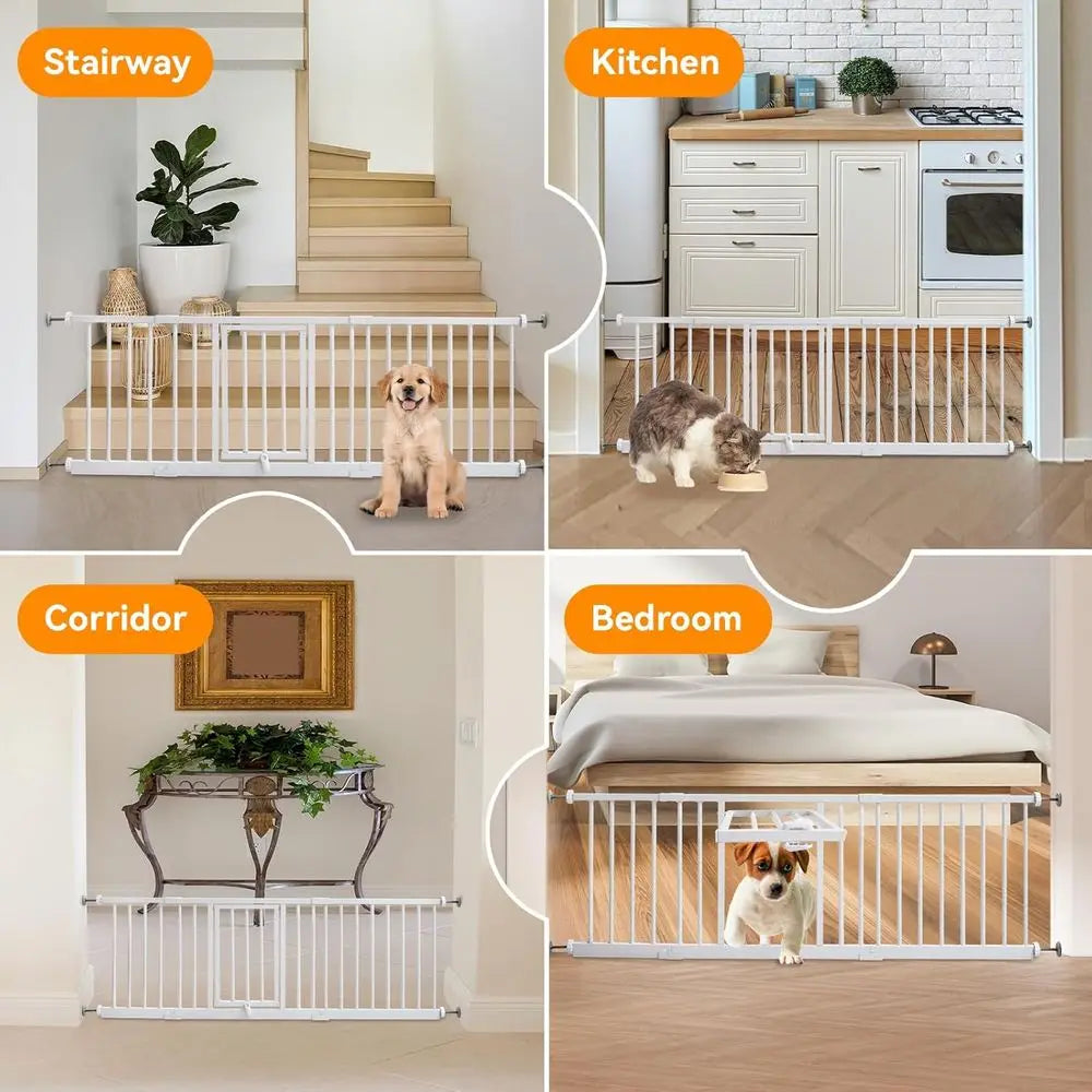 10" Height Short Dog Gate Adjustable18-48" Extra Wide Dog Gate with Small Cat Door,Pet Gate with 4 Extension Kits Pressure Mount