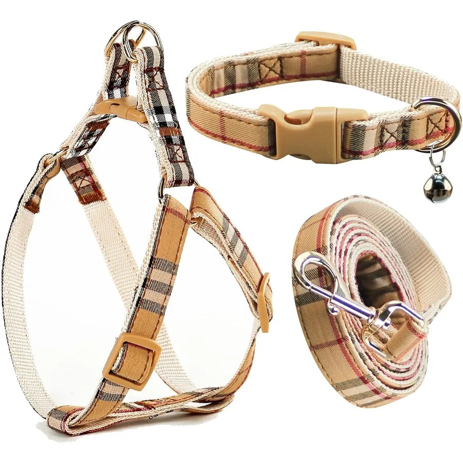 Cute Plaid Dog Collar Harness and Leash Set with Safety Buckle for Small Puppies Adjustable NoPull Design Comfortable and Durab