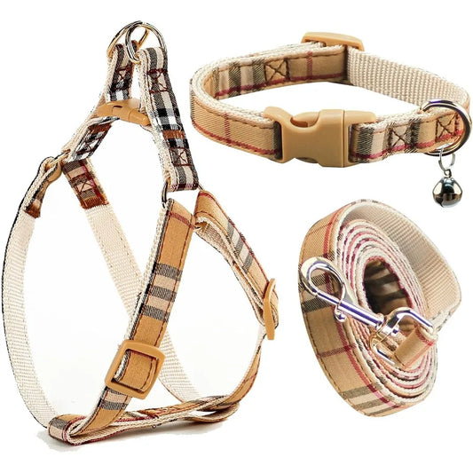 Cute Plaid Dog Collar Harness and Leash Set with Safety Buckle for Small Puppies Adjustable NoPull Design Comfortable and Durab