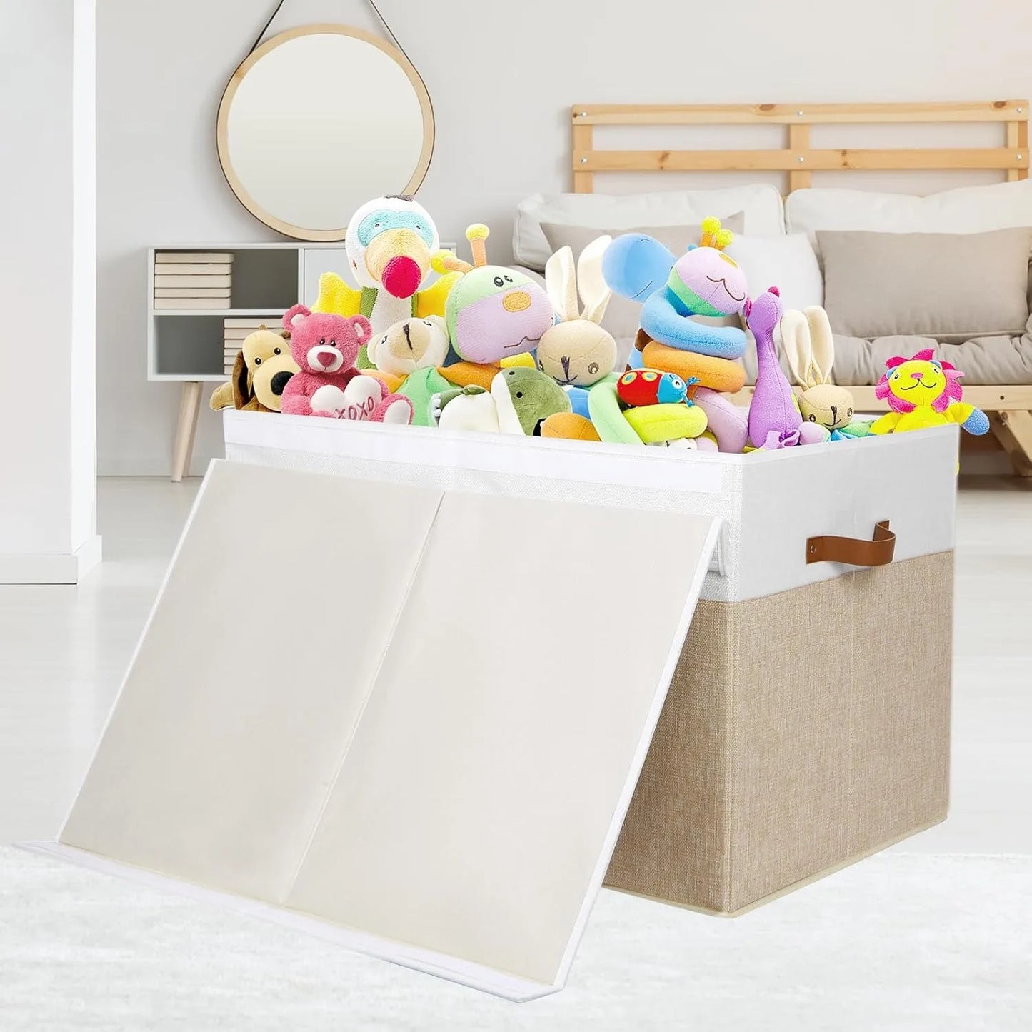 Pawfect Playtime Chest – Large Pet Toy Organizer Box with Lid, Sturdy Toys Storage Chest Bin Organizer Basket with Dividers, 26"x17" x17" (Beige and White)