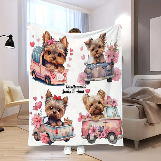 Cozy Yorkie Cartoon Print Flannel Blanket - Soft, Warm, Tear-Resistant, All-Season Home Throw for Bedroom, Living Room, Office |