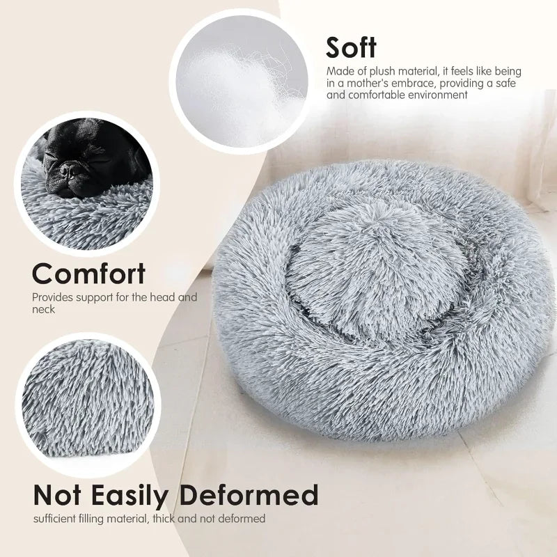 Dog & Cat Bed for Indoor Cats, 20in Calming Donut Bed for Puppy and Kitten, Washable for Small Medium Dogs and Cats (Light Grey)