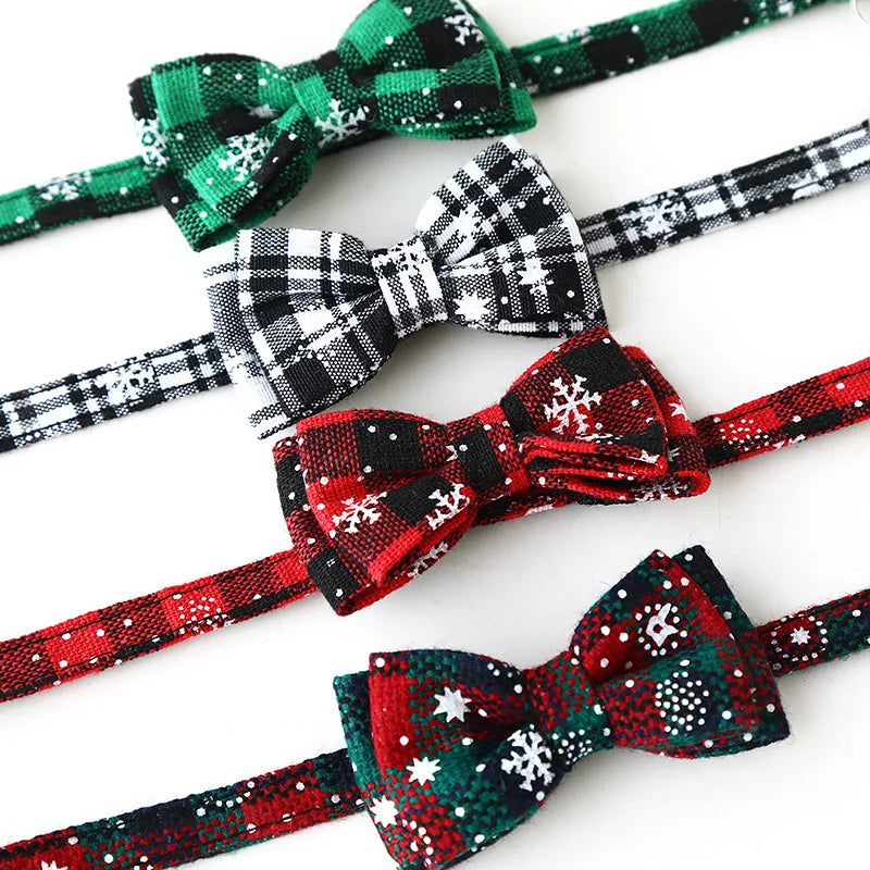 Christmas Bowknot Cat Small Dog Collar with Bell Plaid Snowflake Adjustable Breakaway Pet Puppy Kitten Buckle Necklace