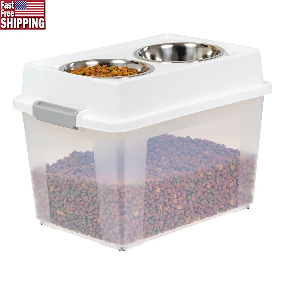 Airtight Pet Food Container 47L Dog Cat Food Storage Bin Treat Box with Bowls Durable Clear Body Easy Access Secure Lid