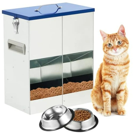 Automatic Feeder for 2 Cats Outdoor Galvanized 42cups 10l Double Feeder with 2 Stainless Steel Water Bowls for Small Pets Cats