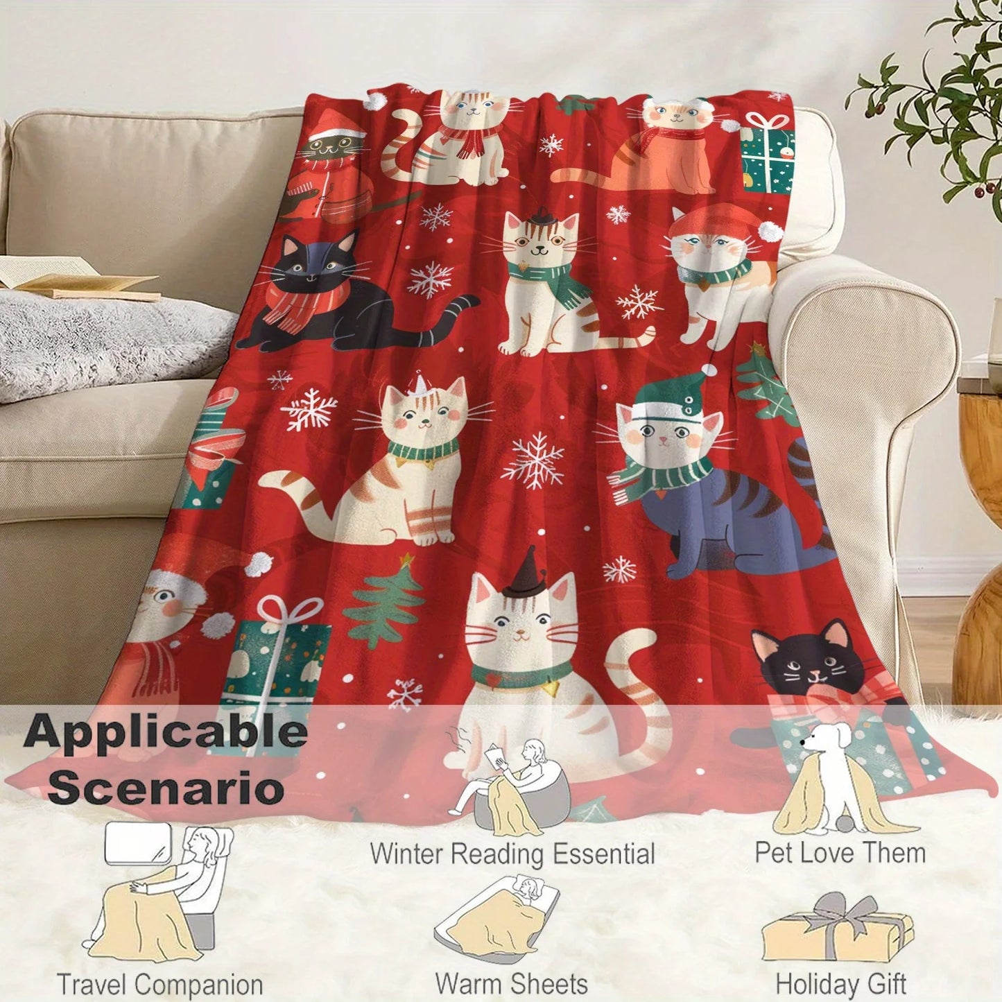 1pc Christmas Cats Flannel Throw Blanket, Soft Polyester, Contemporary Style, Digital Print, Lightweight, All-Season, for Bed