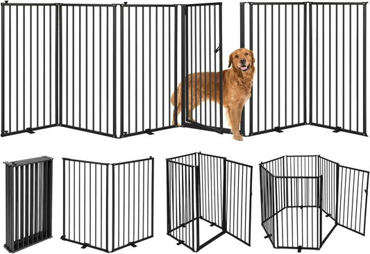 6 Panels Metal Freestanding Dog Gates with Door,120''W Detachable Foldable Dog Fence Indoor Outdoor Puppy Gate