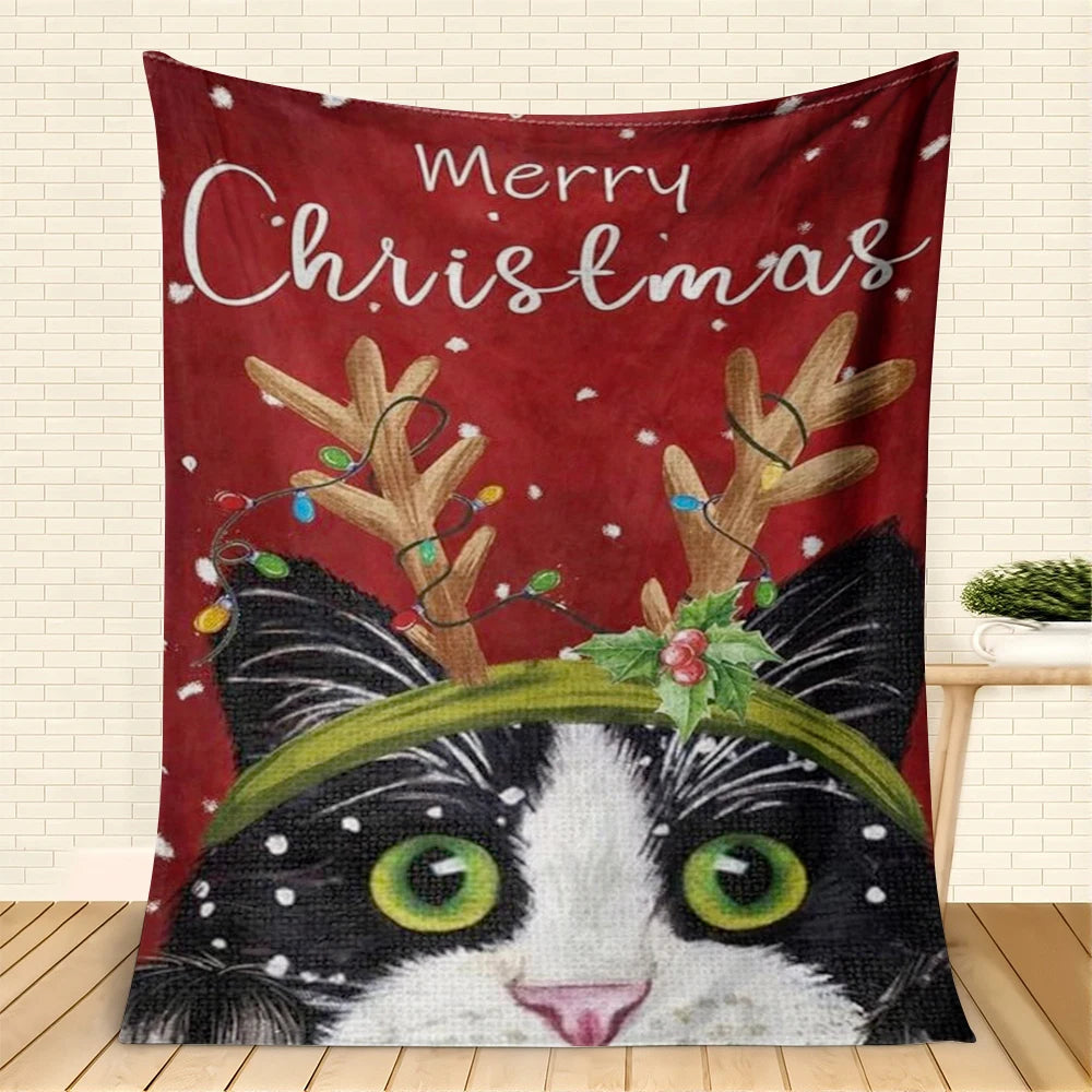 Merry Christmas Cat Reindeer Antlers Fleece Blanket Soft Cozy Festive Throw for Couch Bed Dorm Camping Office Holiday Gift