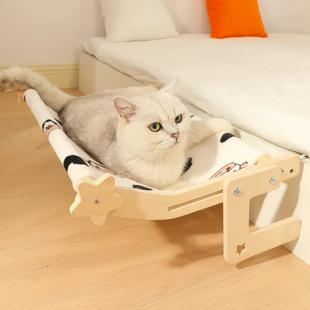Sturdy Hammock Seat with Cushion Bed Cover, Wood & Metal Frame for Large Cats, Easy To Adjust Windowsill, Bedside, Drawer