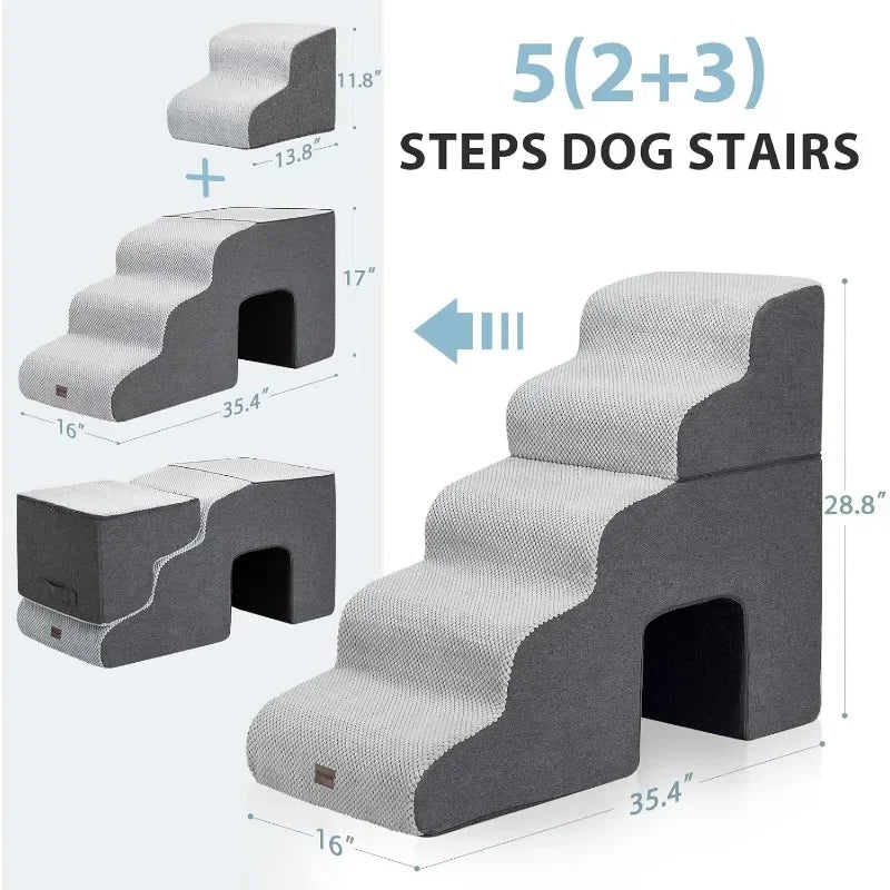 Dog Stairs for High Beds with Tunnel, 5-Step Dog Steps for Small Dogs and Cats, Foldable Pet Stairs for High Bed Climbing NEW