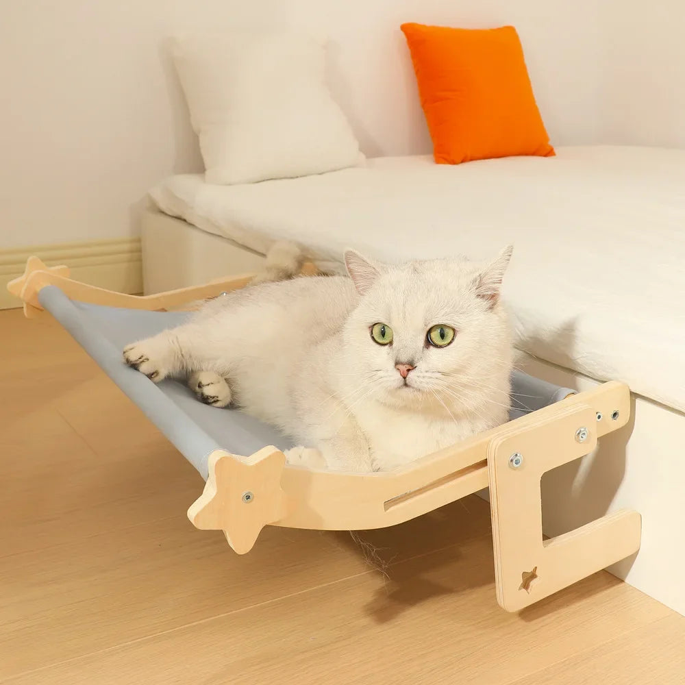 Sturdy Hammock Seat with Cushion Bed Cover, Wood & Metal Frame for Large Cats, Easy To Adjust Windowsill, Bedside, Drawer