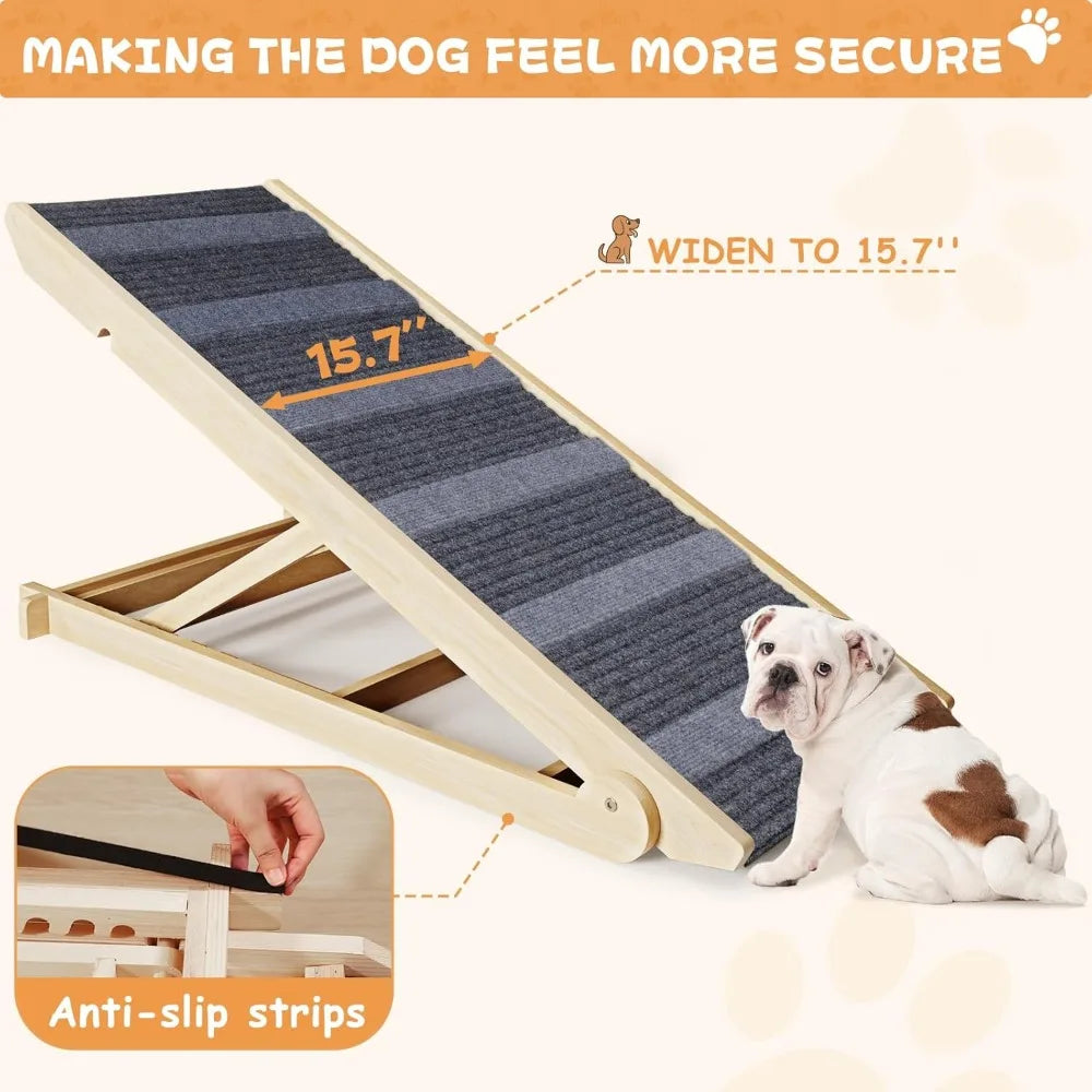 Dog Ramp for Bed, Folding Wooden Pet Ramp for Small Large Dogs Cats, 7 Adjustable Height from 10.8" to 26.6", Portable Stable Do