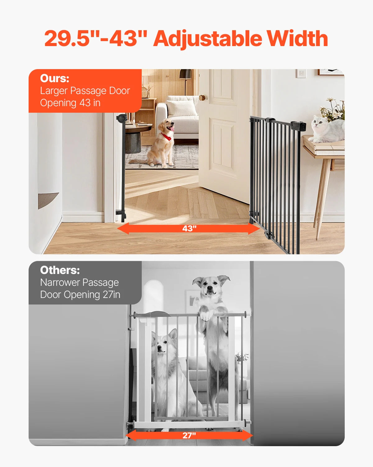 Baby Gate 29.5-43 Inches Adjustable Width 28 Inches High Dog Gate No Threshold Bar Easy Step Walk for Child Pet Security