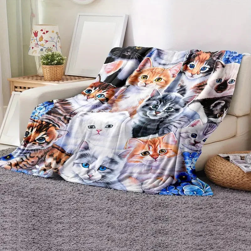Cute cat print blanket, flannel blanket, soft and warm blanket nap blanket for sofa couch, office bed, office, camping, travel