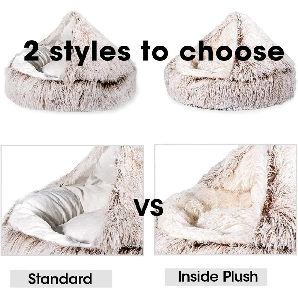 Faux Fur Donut-Shaped Hooded Warm Cat Bed with Plush Comfort for Cozy Resting