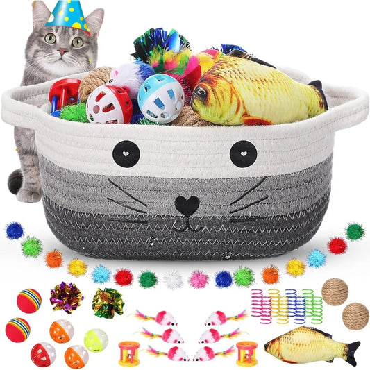 58 Pcs Cat Storage Basket Gift Toys Set Colorful Flashing Balls Pet Bell Crinkle Balls Spring Toys Attract Cat to Swat Bite Hun