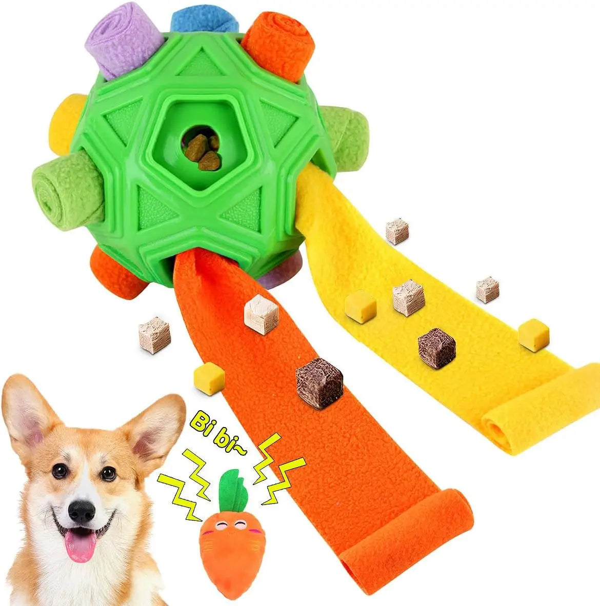 Dog Snuffle Ball, Interactive Puzzle Toy with Squeaky Carrot, Foraging & Slow Feeder for Training, Stress Relief, All Sizes