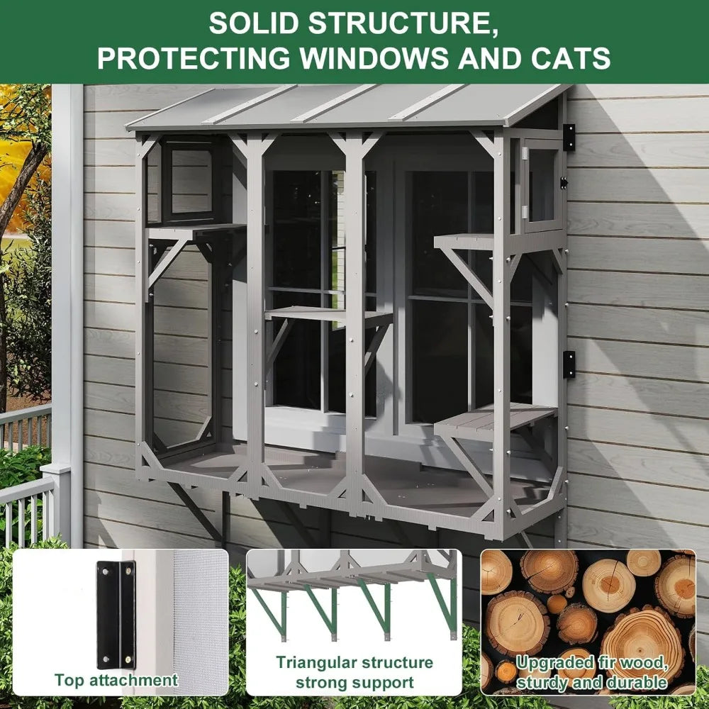 Expandable Window Cat Enclosure for Multiple Indoor Cats, Weather-Resistant Wooden Perch House for Small Pets
