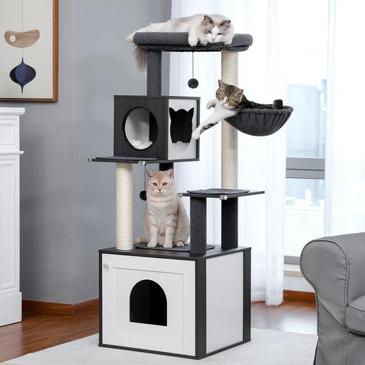 Cat Tree Tower Litter Box Wood Structure Storage with Hammock,Comfy Condo,Anti-Slip Mat,Large Cabinet,Big Platform,Sisal Posts