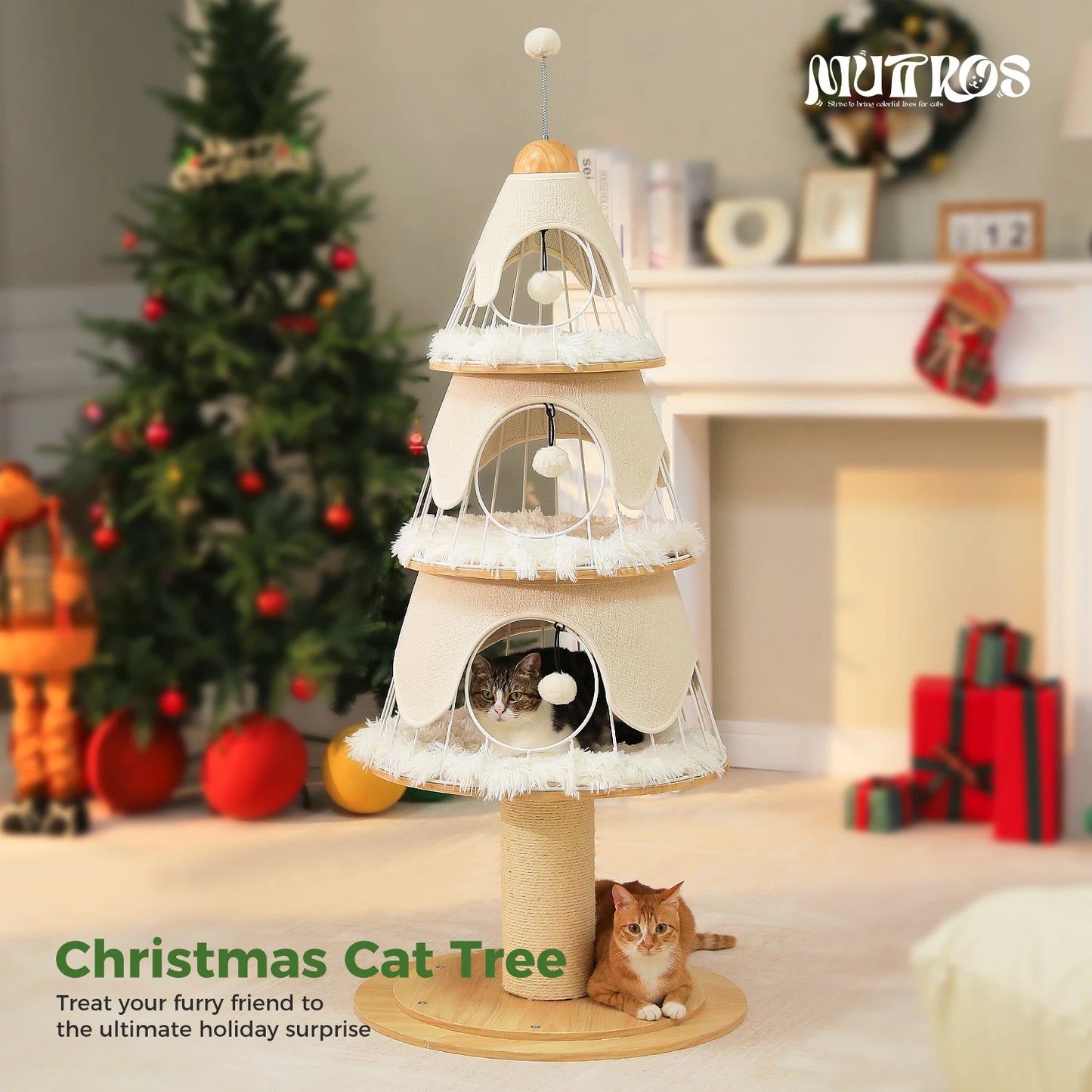 Christmas Cat Tree Tower with 3 Cozy Condos & Pompoms Multi-Level Cat House Bed for Indoor Cats Modern Cat Furniture Cat Toys