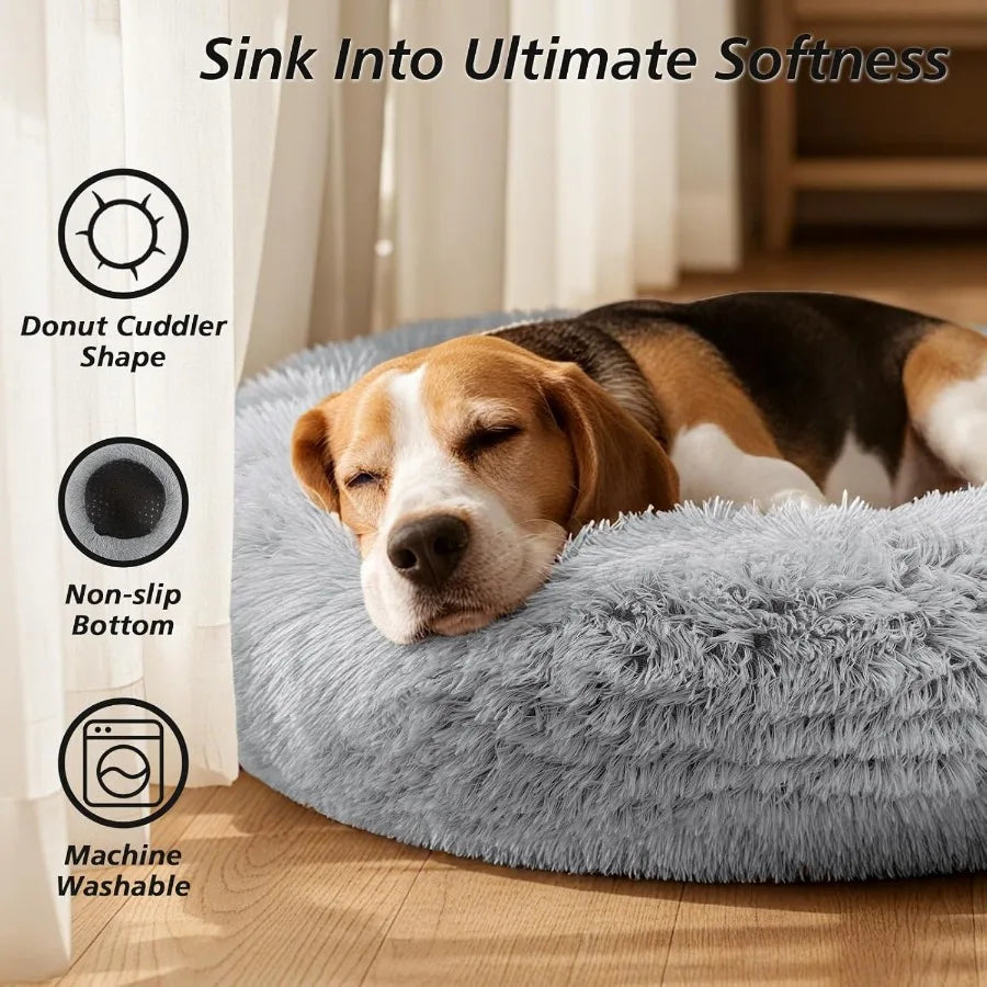 Round Calming Fluffy Plush Faux Fur Cushion Bed for Small Medium Dogs and Indoor Cats with AntiSlip Bottom Donut Cuddler Warmin