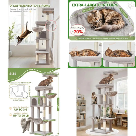 66 Large Cat Tower with Scratching Posts, Plush Hammock, Adjustable Basket, and Top Perch in Light Gray