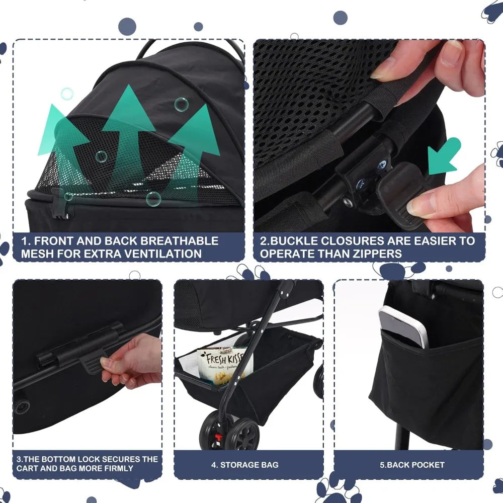 Pet Stroller, Foldable Cat Dog Strollers for Medium Dogs 20KG, Pet Travel Dog Stroller Pushchair with Detachable Carrier Ca