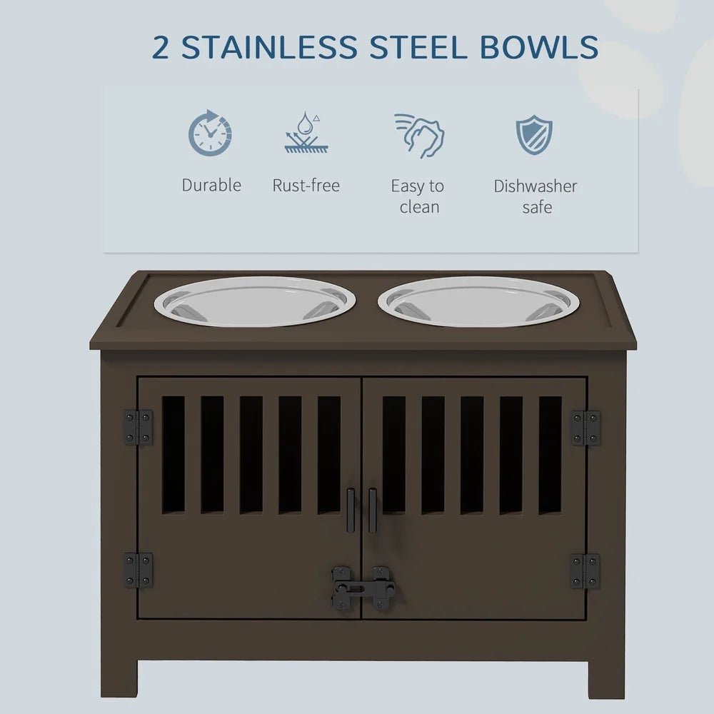 Dog Food Storage Cabinet with Elevated Feeding Station and Removable Stainless Steel Bowls Large Dogs Espresso