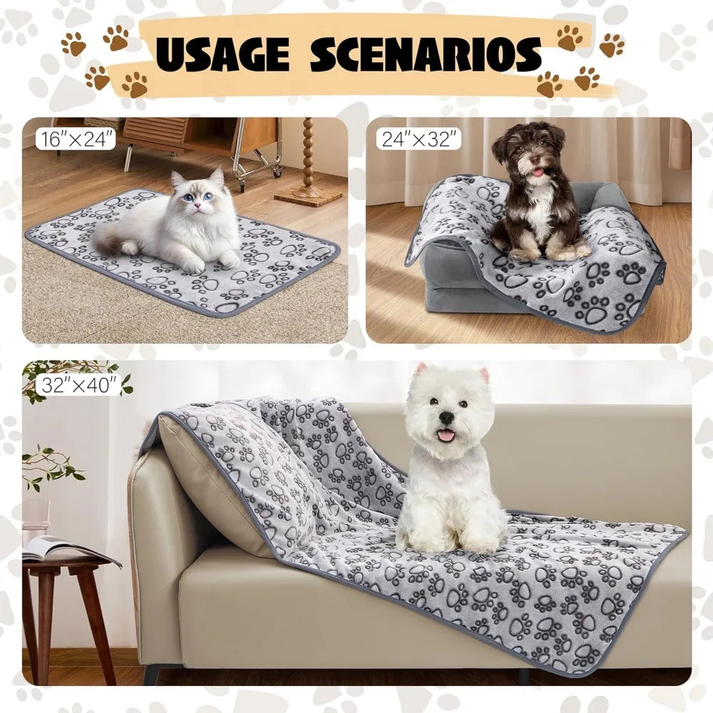 3 Pcs Soft Dog Blankets for Small Dogs, Washable Puppy Blanket for Cat Kitten Essentials, 24 * 16 Inches, Grey Cute Paw Print