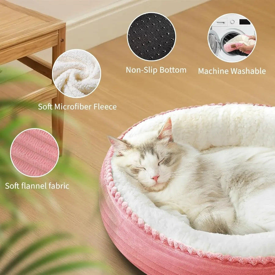 20in Washable Round Donut Cat Bed for Indoor Cats and Small Dogs Puppy Kitten AntiSlip Bottom Calming Comfort Pet Bed Ideal for