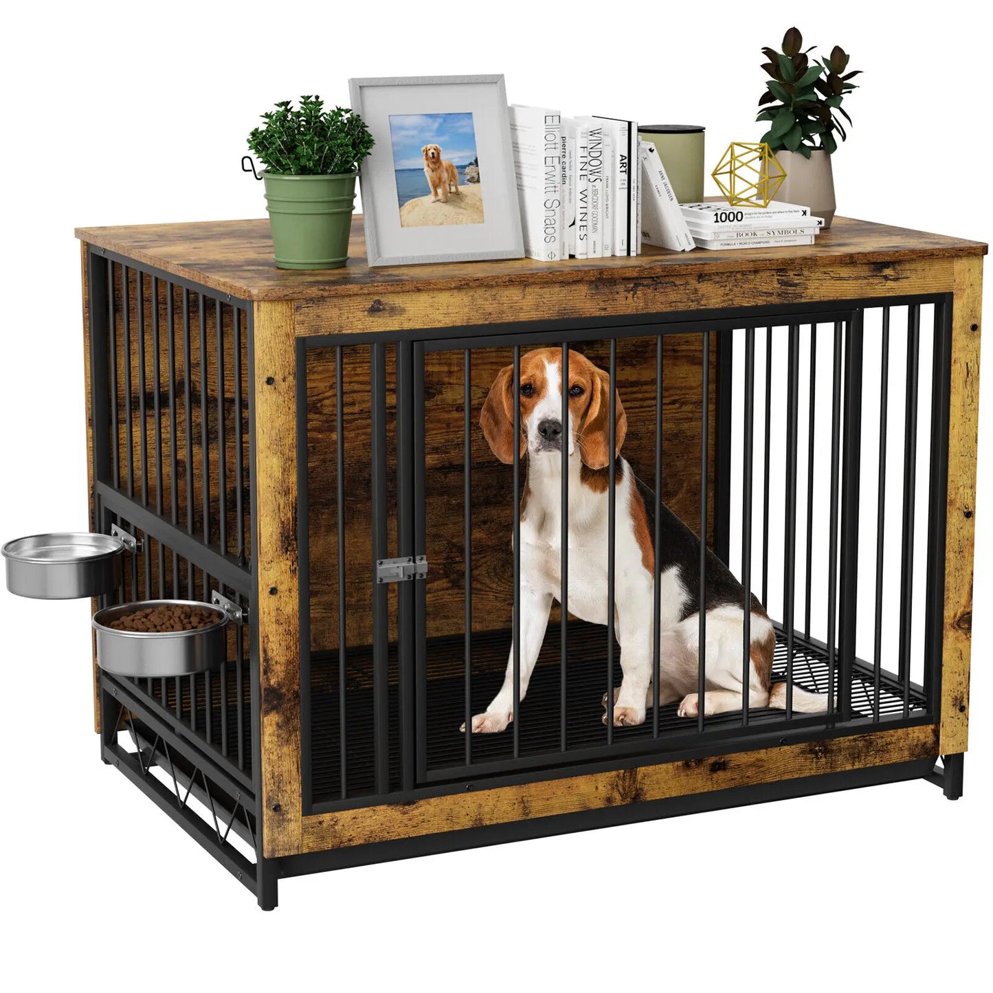 Furniture Style Dog Crate,Wooden Heavy Duty Dog Kennel with Adjustable Raised Feeder for Dogs 2 Stainless Steel Bowls Brown/Gray